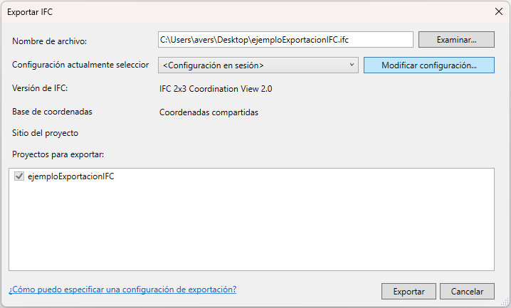 Diálogo Exportar IFC de Revit, con el botón Modificar configuración resaltado