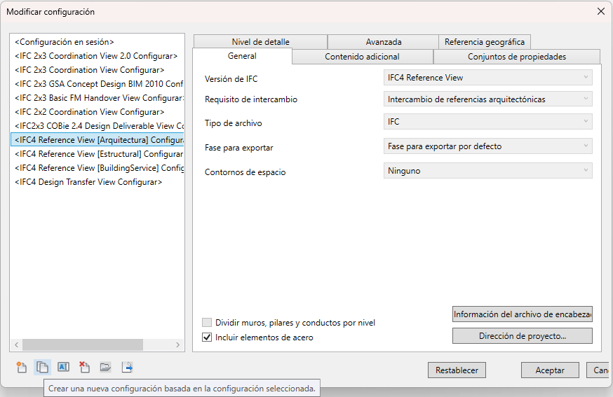 Diálogo Modificar configuración: IFC4 Reference View [Arquitectura] seleccionada en la lista y el botón de duplicar configuración abajo