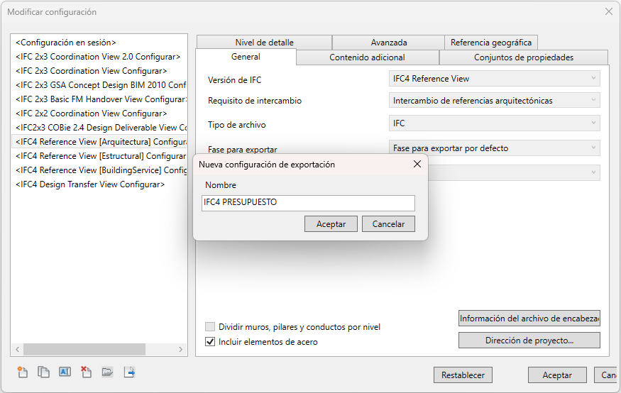 Cuadro Nueva configuración de exportación pidiendo el nombre de la configuración duplicada