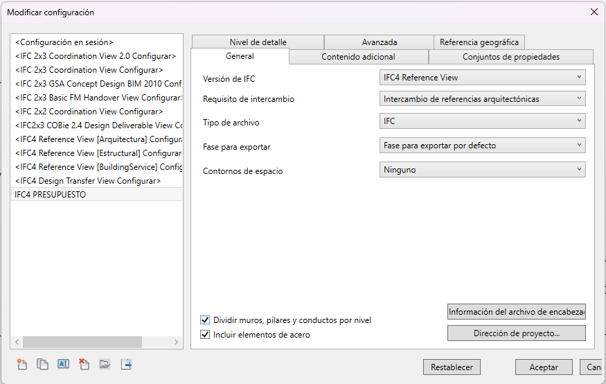 Pestaña General de Modificar configuración: Versión de IFC en «IFC4 Reference View» y demás opciones del encabezado del IFC