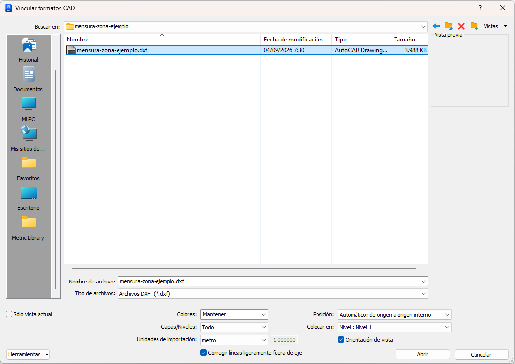 Diálogo Vincular formatos CAD de Revit, con el tipo de archivos en Archivos DXF y las unidades de importación en metro
