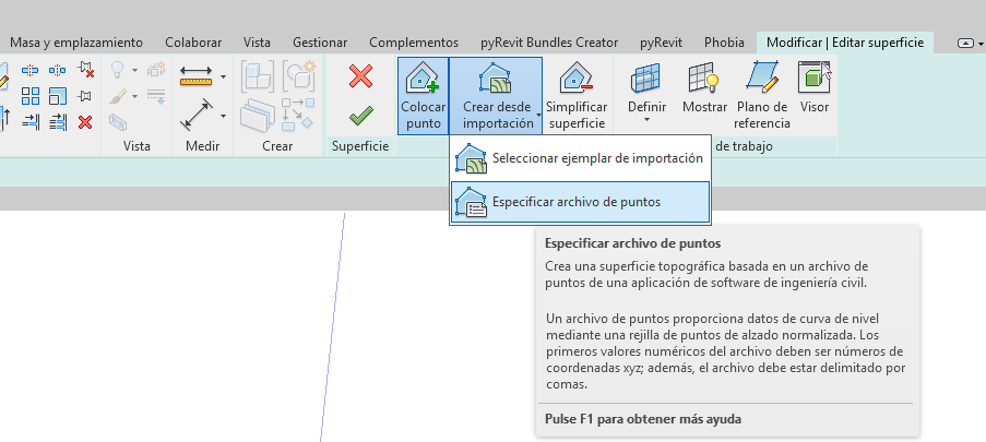 Menú Crear desde importación de Revit con la opción Especificar archivo de puntos resaltada