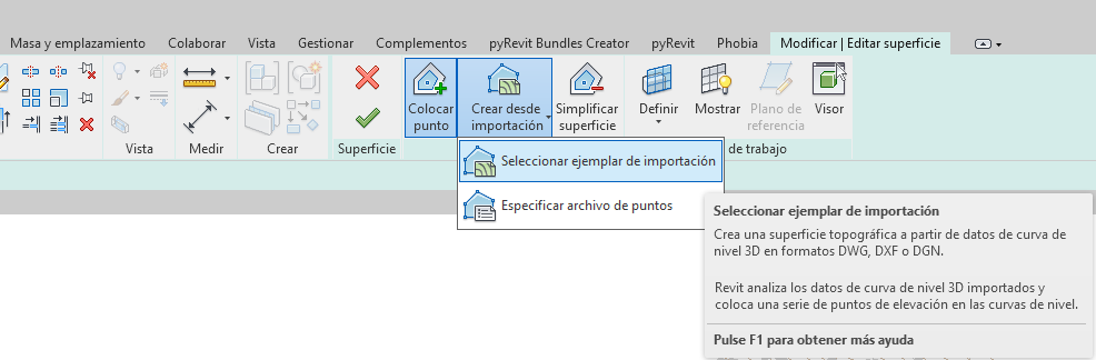 Menú Crear desde importación de Revit con la opción Seleccionar ejemplar de importación resaltada